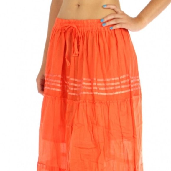 HIGHNESS NYC Women OS Beach Breeze Cotton Solid Orange Ruffle Maxi Skirt - Picture 8 of 12